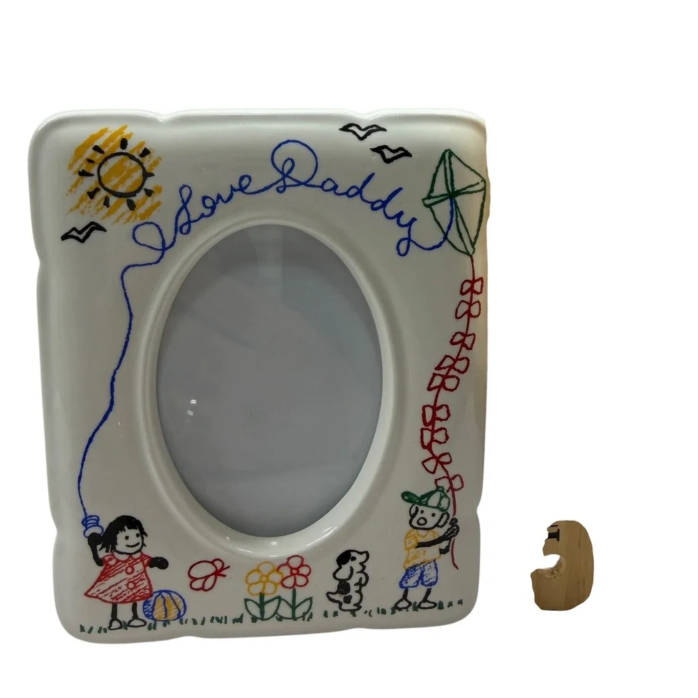 Vintage I Love Daddy Ceramic Picture Frame White Oval Child Illustration 5x4.25